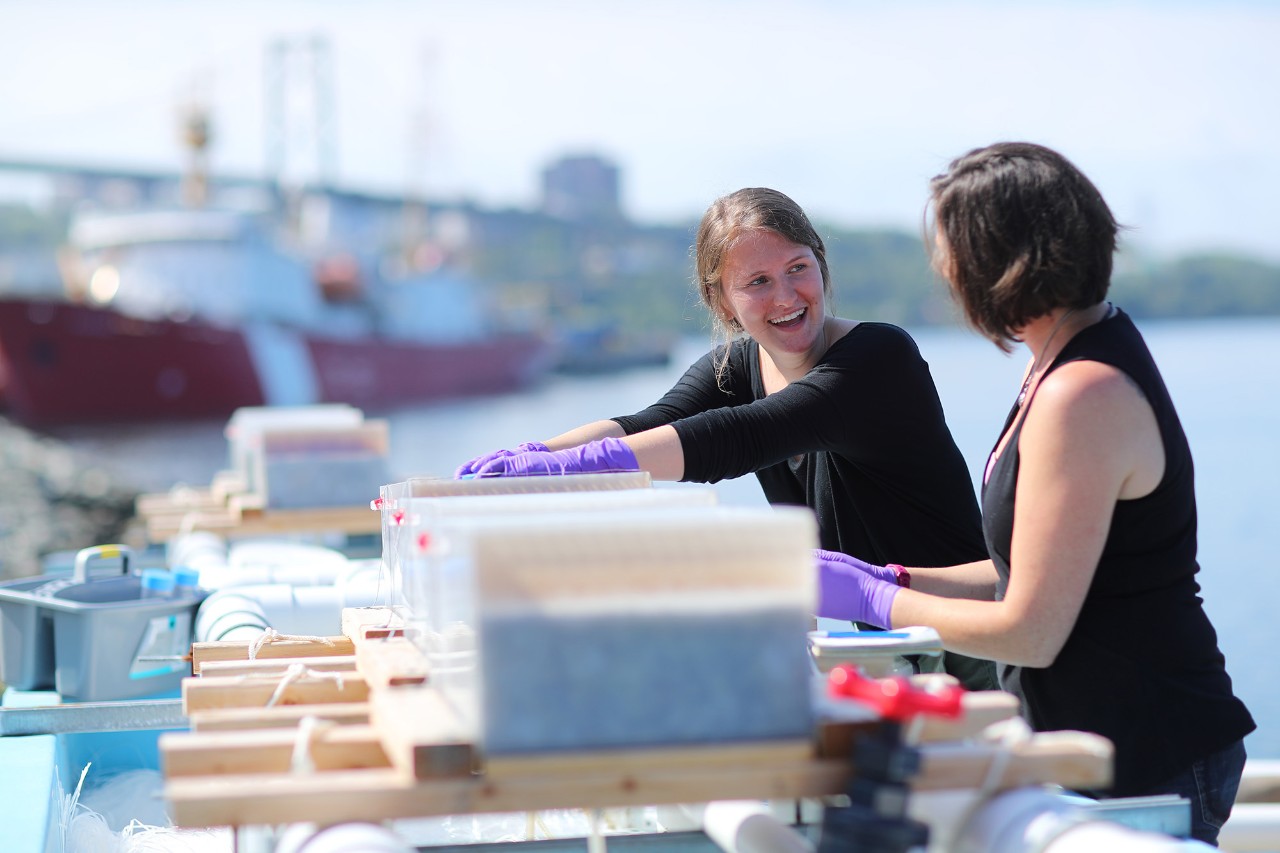 Student participating in co-op work by the water doing a project outdoors