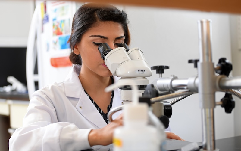 Biophysics researcher in a white coat looking into a microscope in lab at Dalhousie.