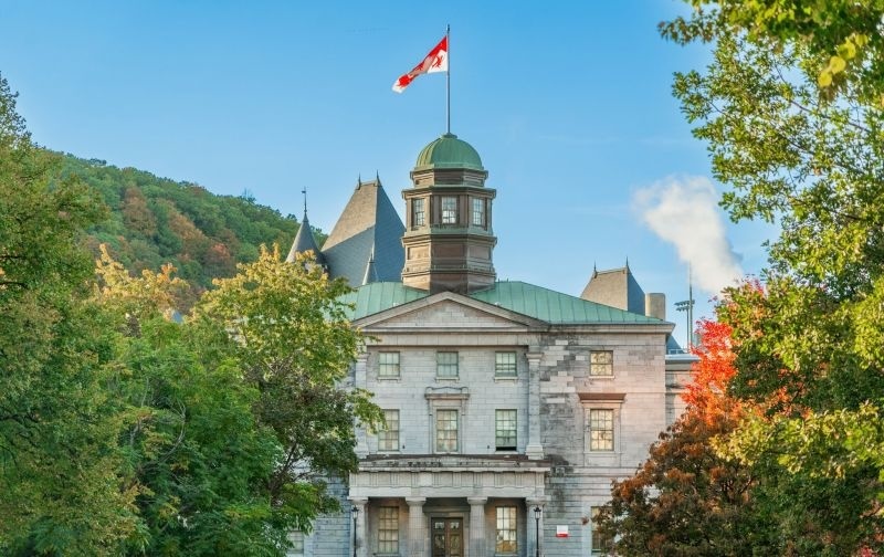 An old stone building at McGill University in front of a small mountain with trees in front.