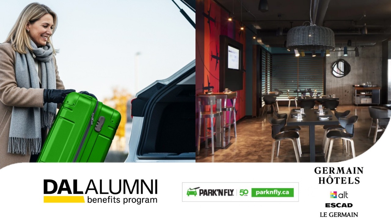 Collage with a woman putting a green suitcase in the trunk of a vehicle and the interior of a restaurant with contest sponsor logos. 