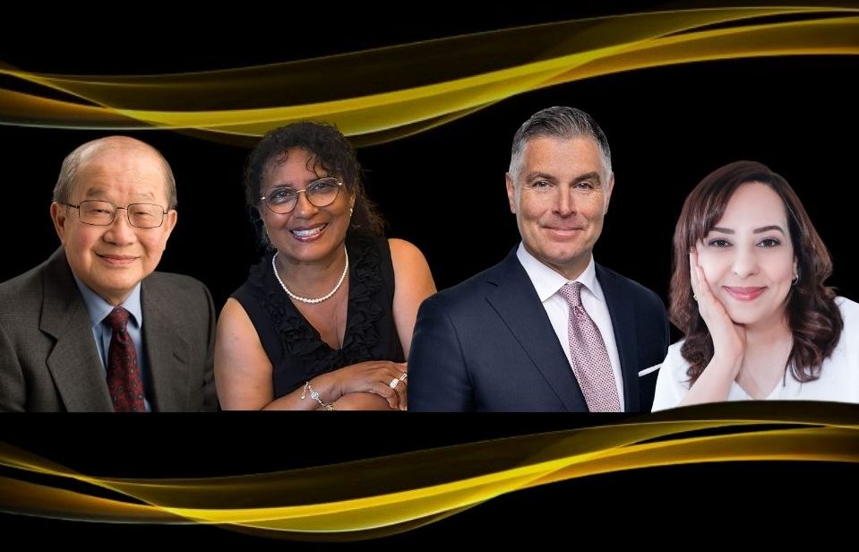 Collage of portraits of four award recipients with gold graphic.