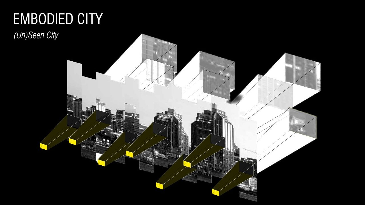 An architectural rendering of an installation for the art event featuring a city skyline.