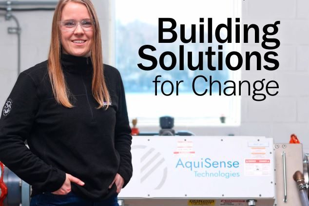 Engineering magazine cover for spring 2024 featuring a female presenting person and the headline "Building Solutions for Change"