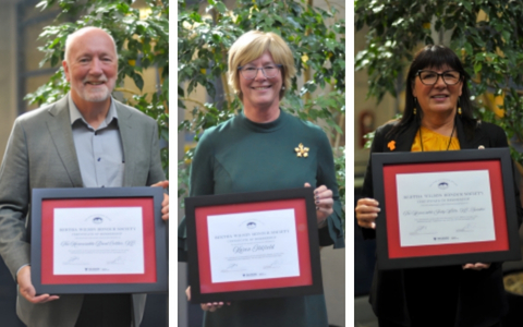 A collage of the three inductees standing holding their framed certificate at an event.
