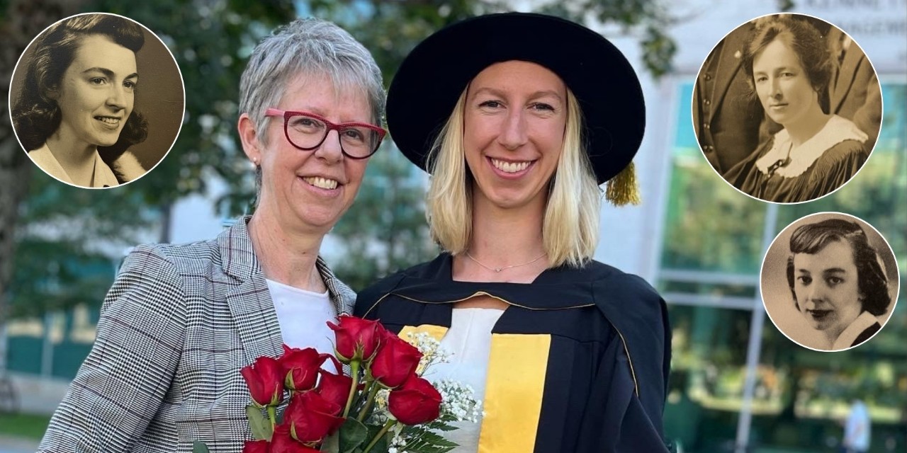 A woman with short hair and glasses holding roses leans into a woman smiling in a graduation cap and gown in an outdoor setting. Three insets depict the ancestral photos of the women's family.