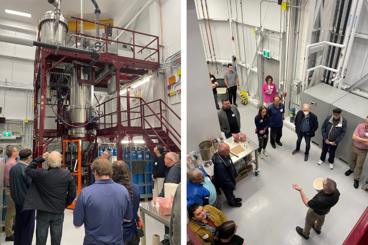 Left: People look up at the new gas atomizer; right: people listen to a faculty member lead a tour in an engineering lab.