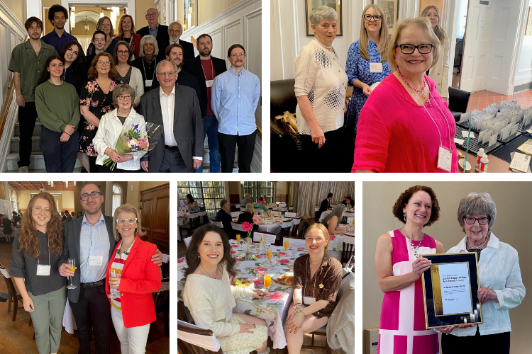 A composite of photos from the reunion event including a group posed on the stairs around a woman holding flowers and people seated at tables.