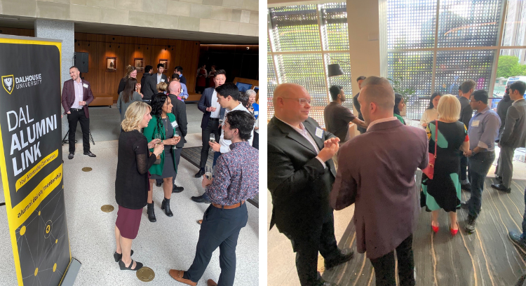 Left: people mingling at an event in an atrium-style setting; right: small groups of people in conversation at an event.