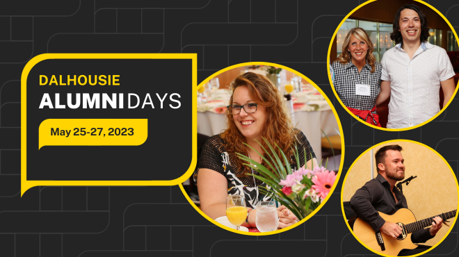 A woman smiling at a brunch event; two people smiling together; a man playing the guitar and singing while seated on stage.