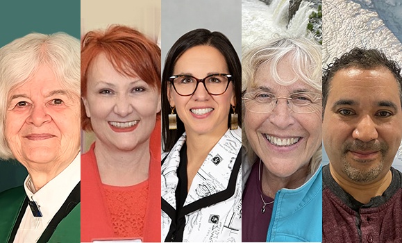 Headshots of the five honorary doctorate recipients.