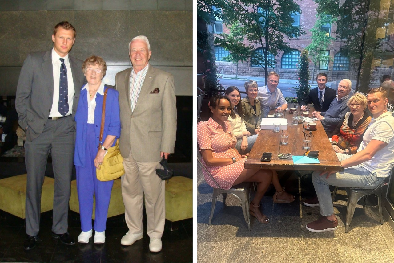Three people standing next to each other, dressed business casual; a group of people sitting at an outdoor table in a courtyard with glasses of water and mugs.