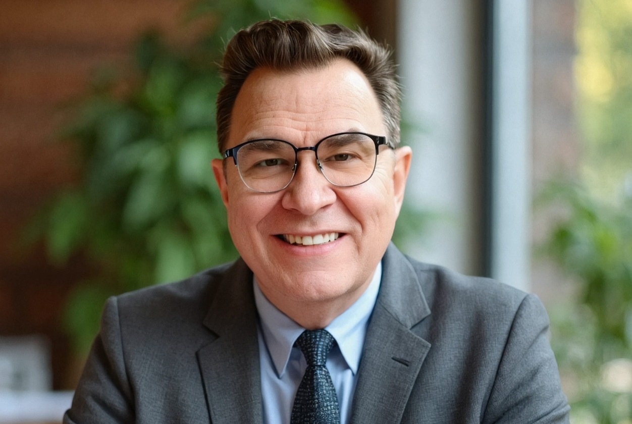A man in a grey suit and glasses smiling while sitting at a desk holding a pen with a stack of books.