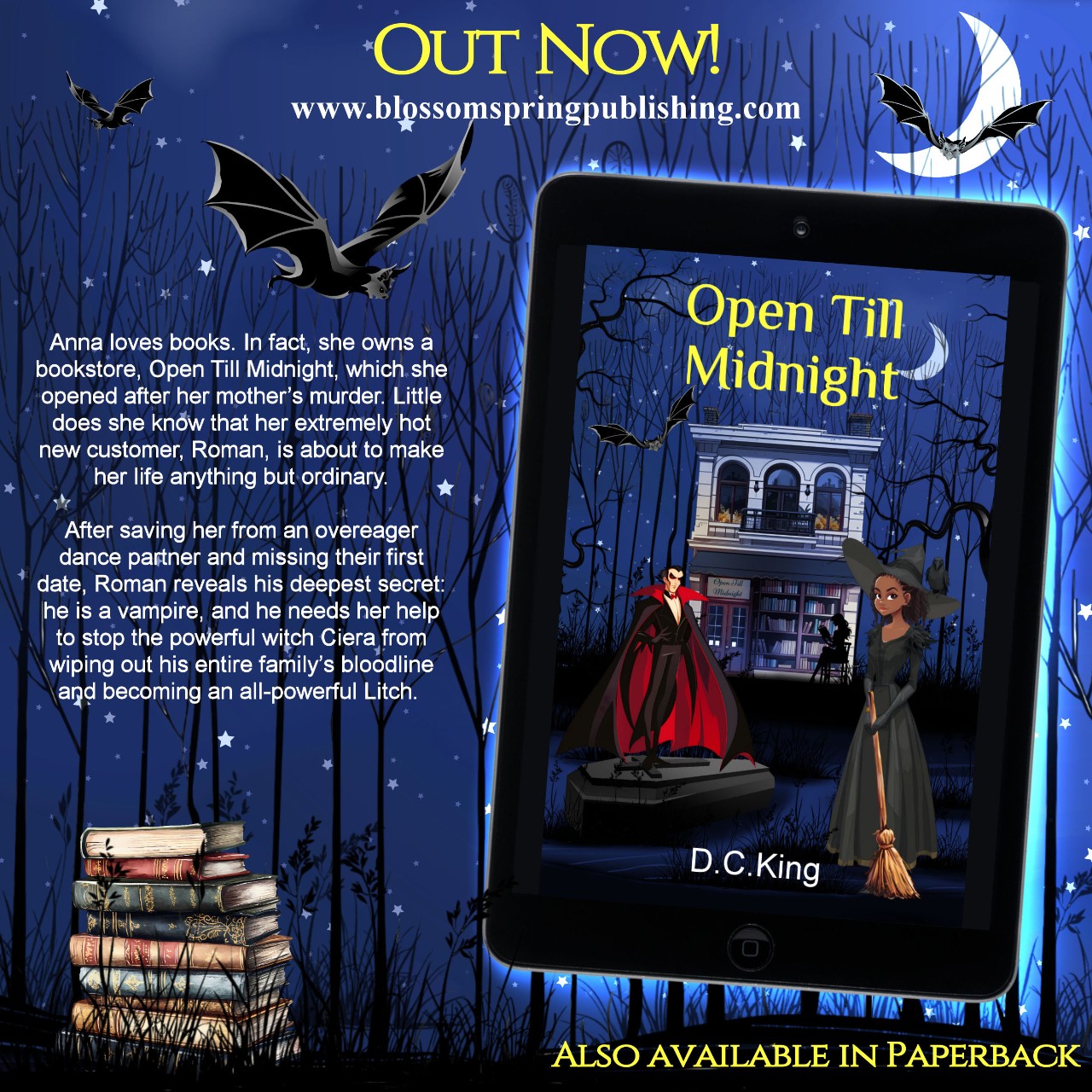 Promotional graphic for Open Till Midnight novel by alum.