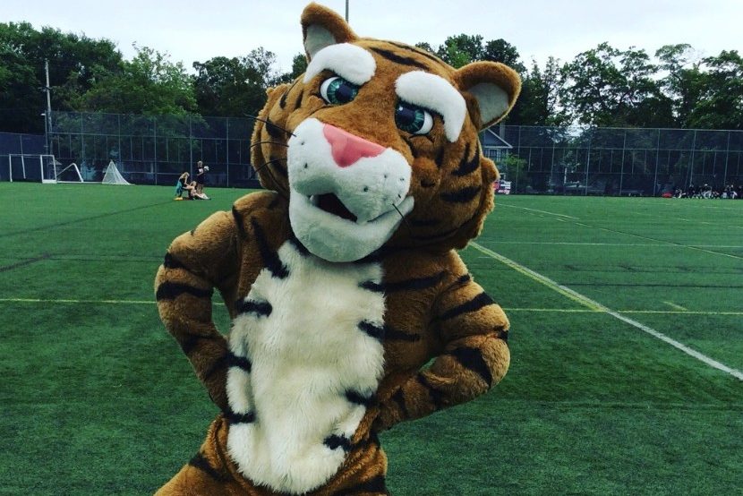 The Dalhousie Tiger mascot on the soccer field. 