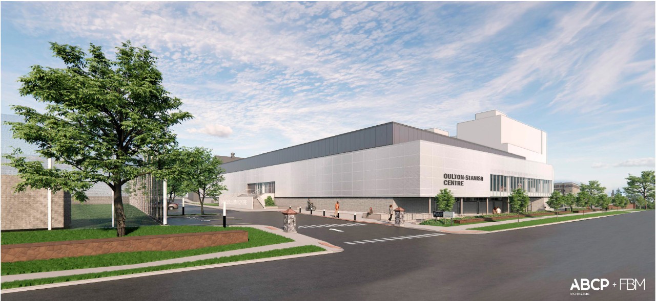 A mockup of the exterior of a large building situated on a tree-lined street.