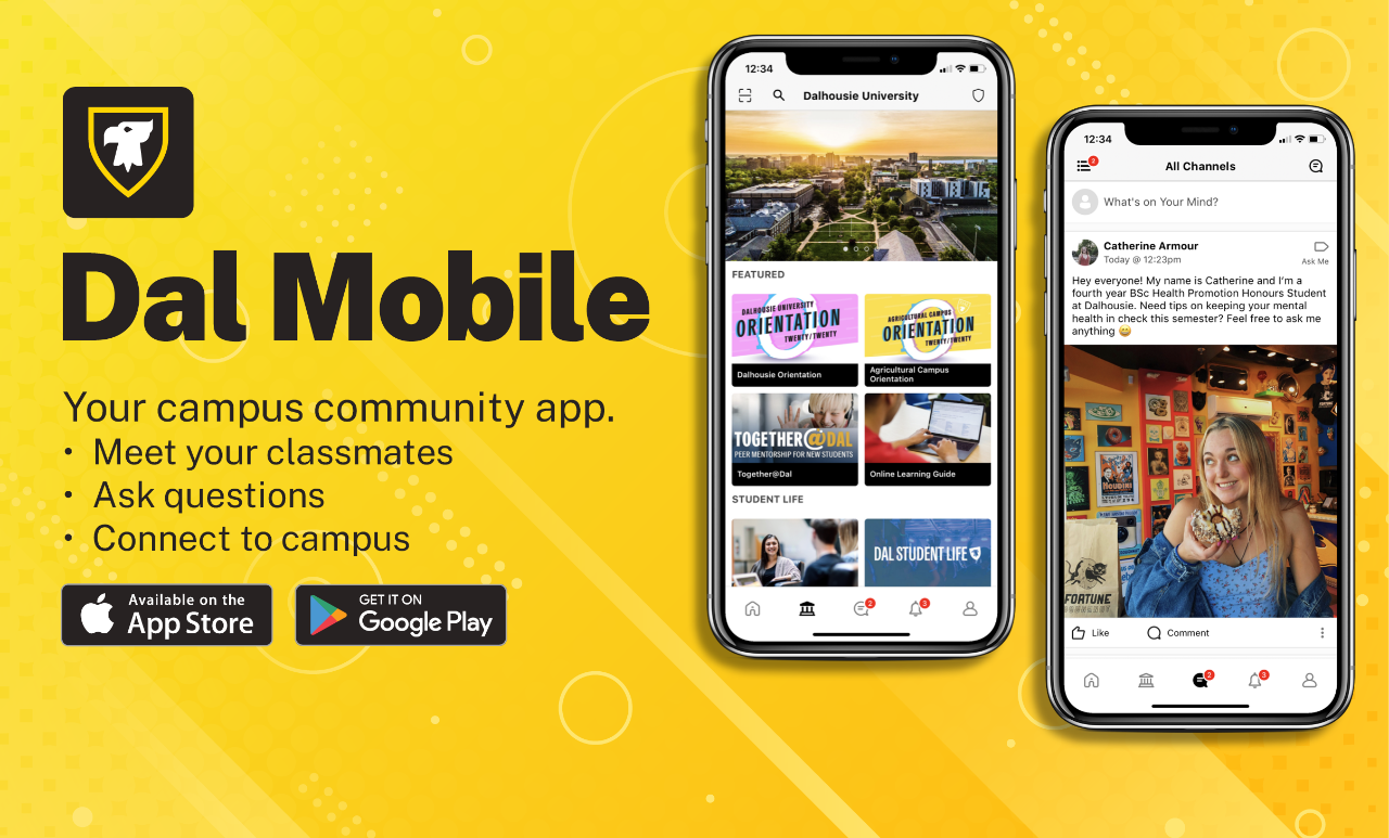 Two iPhones side by side on a yellow background display renders of the Dal Mobile app. Dal Mobile: Your campus community app is written above buttons for App Store and Google Play.