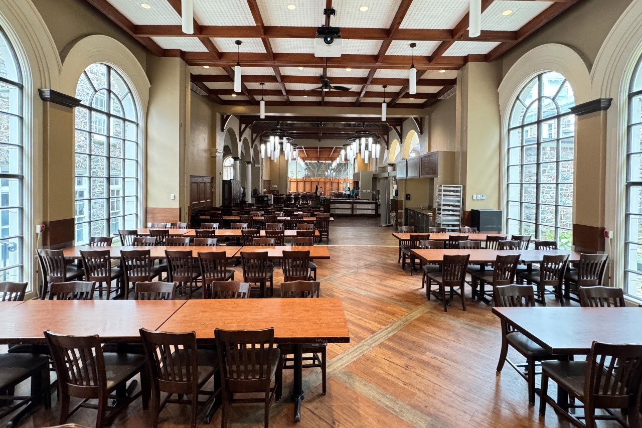 a wide photo showing the many long tables in the Shirreff dining hall