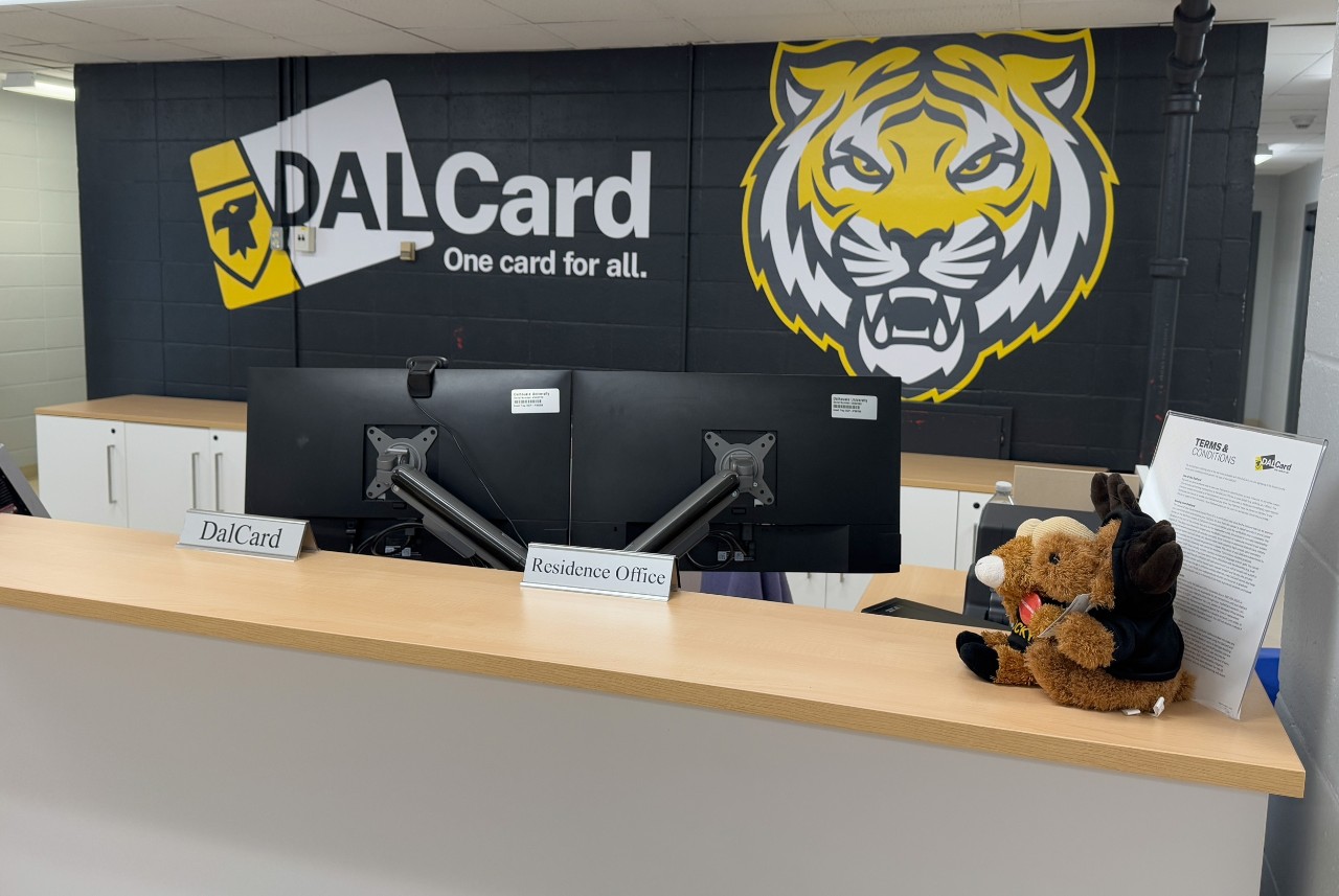The service counter at the DalCard office showing the placards for DalCard and Residence Office