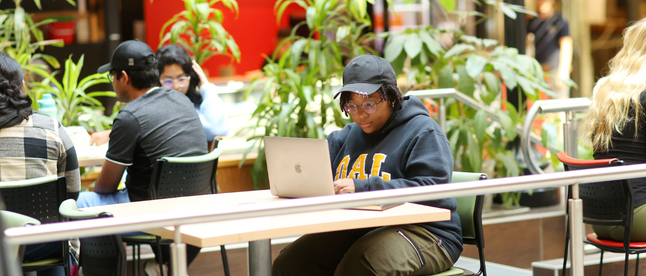 Student working on a latop in the Killiam Library atrium
