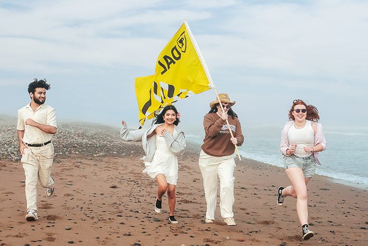 Group of students on the beach with Dal flag