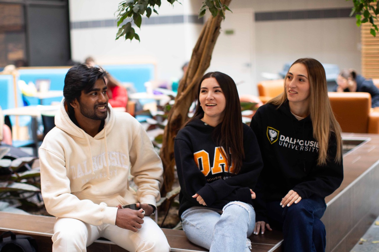 three students sit talking in the library atrium