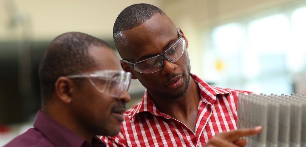 Two people examining a rack of test tubes