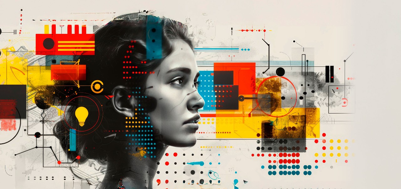 A side profile of a person's head, with various elements and textures surrounding them