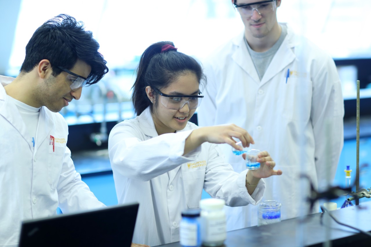 Undergraduate science students work on a chemistry experiment in the Dalhousie Chemistry lab