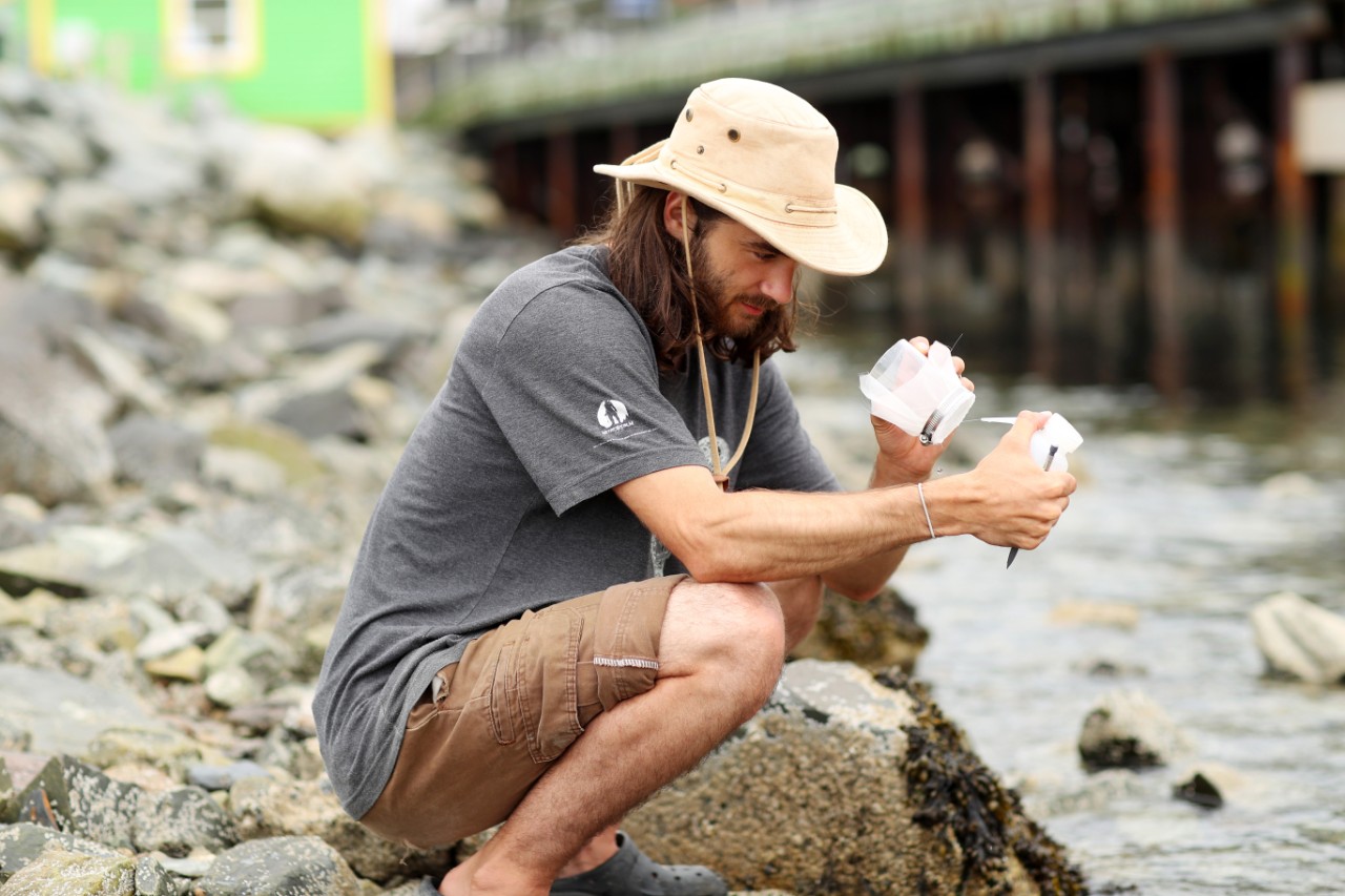 A person wearing shorts and a straw hat examines a sample taken from the ocean