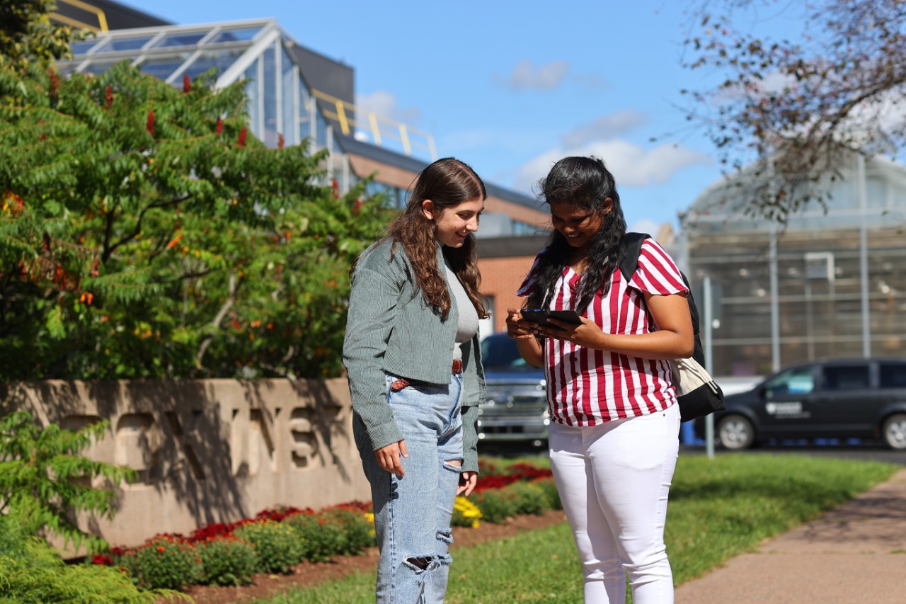 Two students stand outdoors and look at an object on the Truro Campus