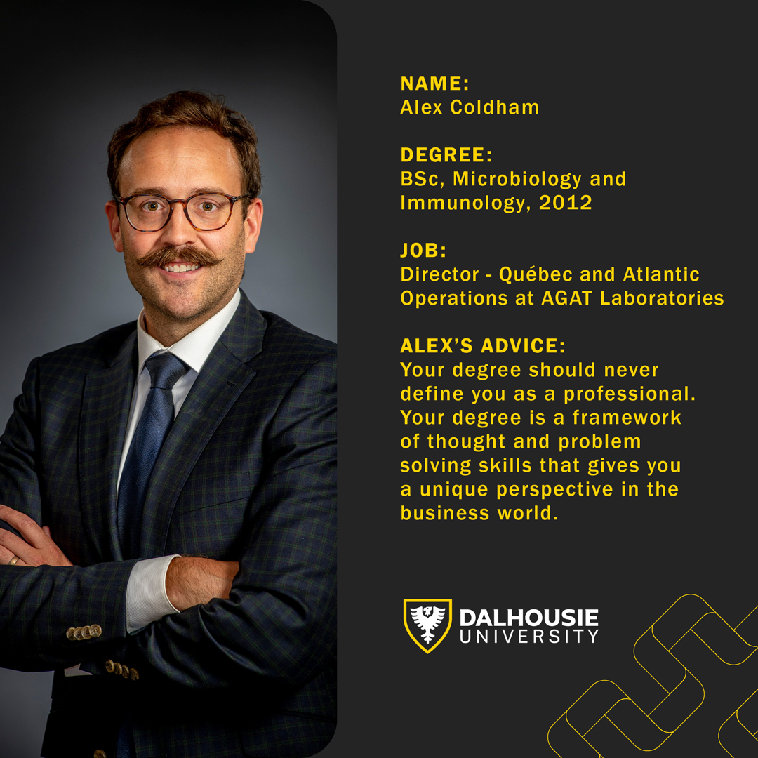 An image of an alumni profile with an individual smiling, yellow text on black background
