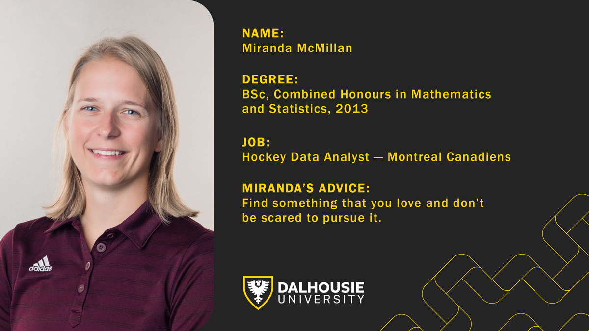 An image of an alumni profile with an individual smiling, yellow text on black background