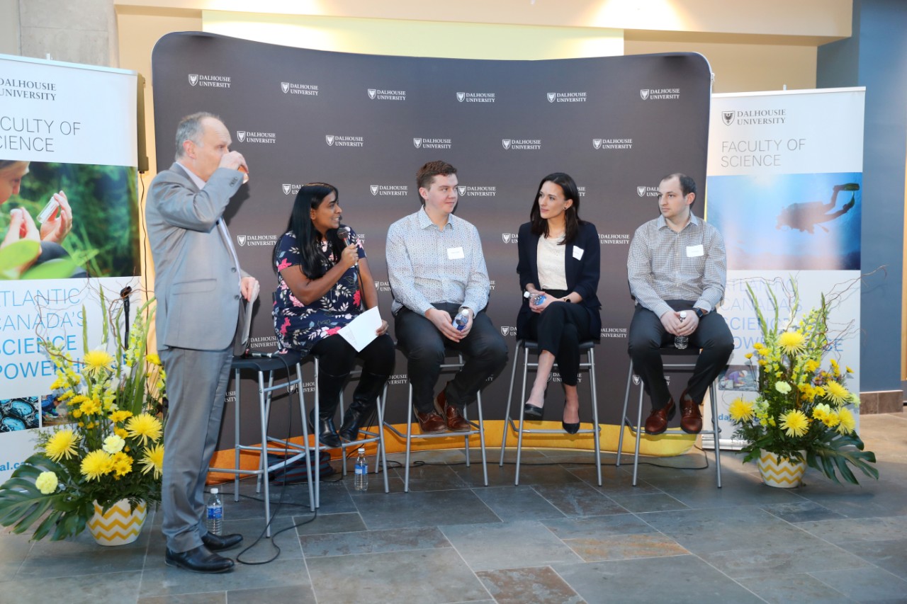 Faculty and alumni address students at a panel discussion during the Dalhousie Science Deans Reception