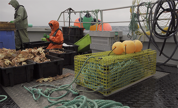 On-demand fishing gear on board a snow crab fishing boat