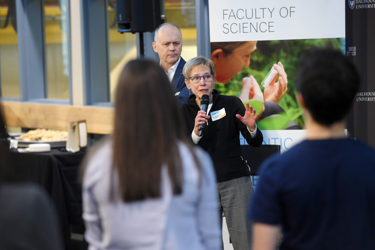 Faculty members speak to students while they attend the Dalhousie Science Deans Reception