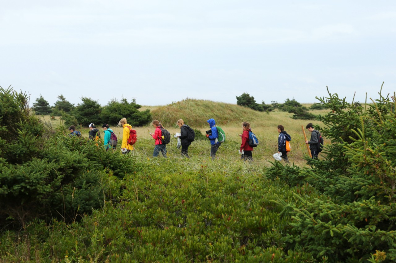 Science students walk in a single file line while they attend a field trip at Conrads Beach, Nova Scotia