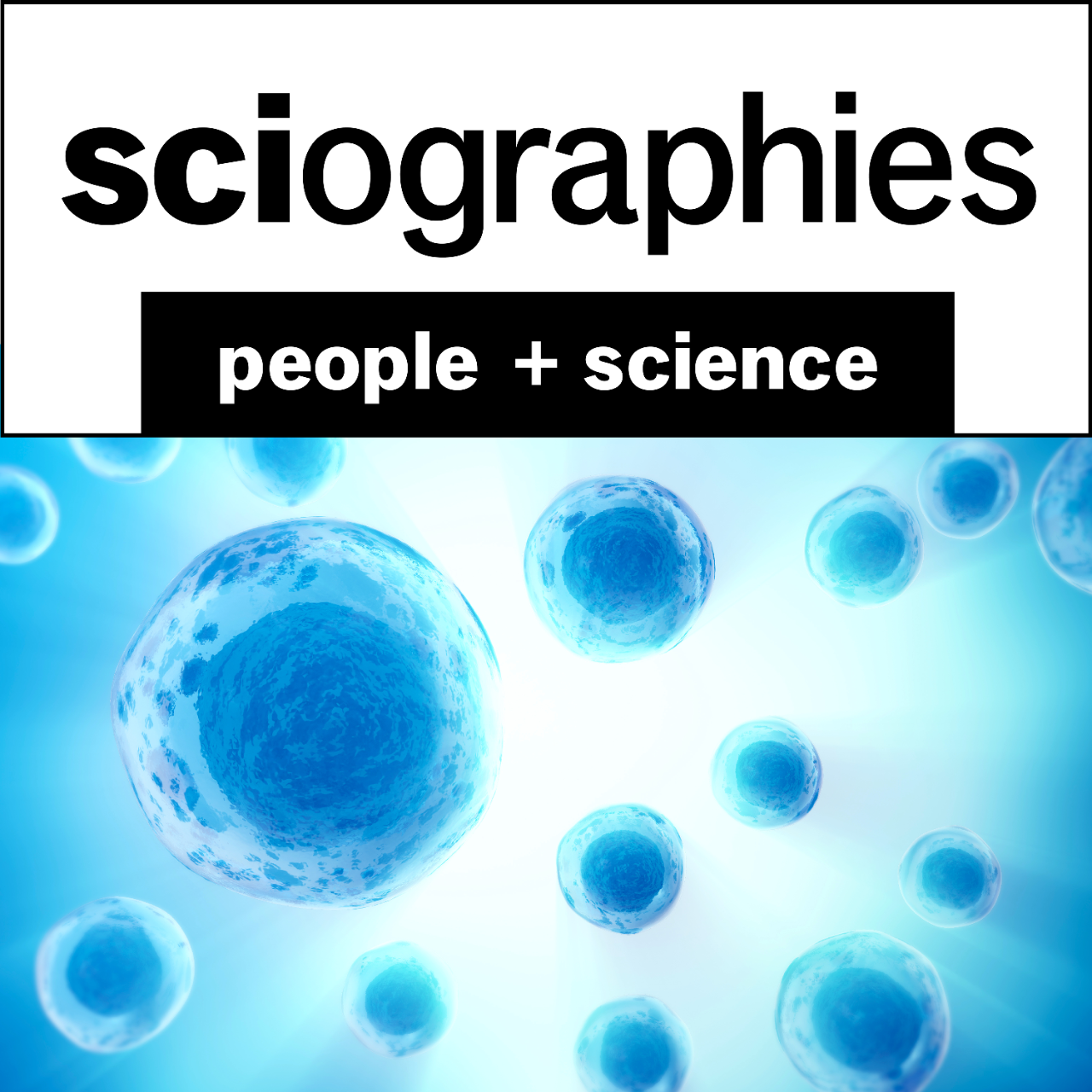 Blue and white promotional image for the Sciographies podcast and radio show