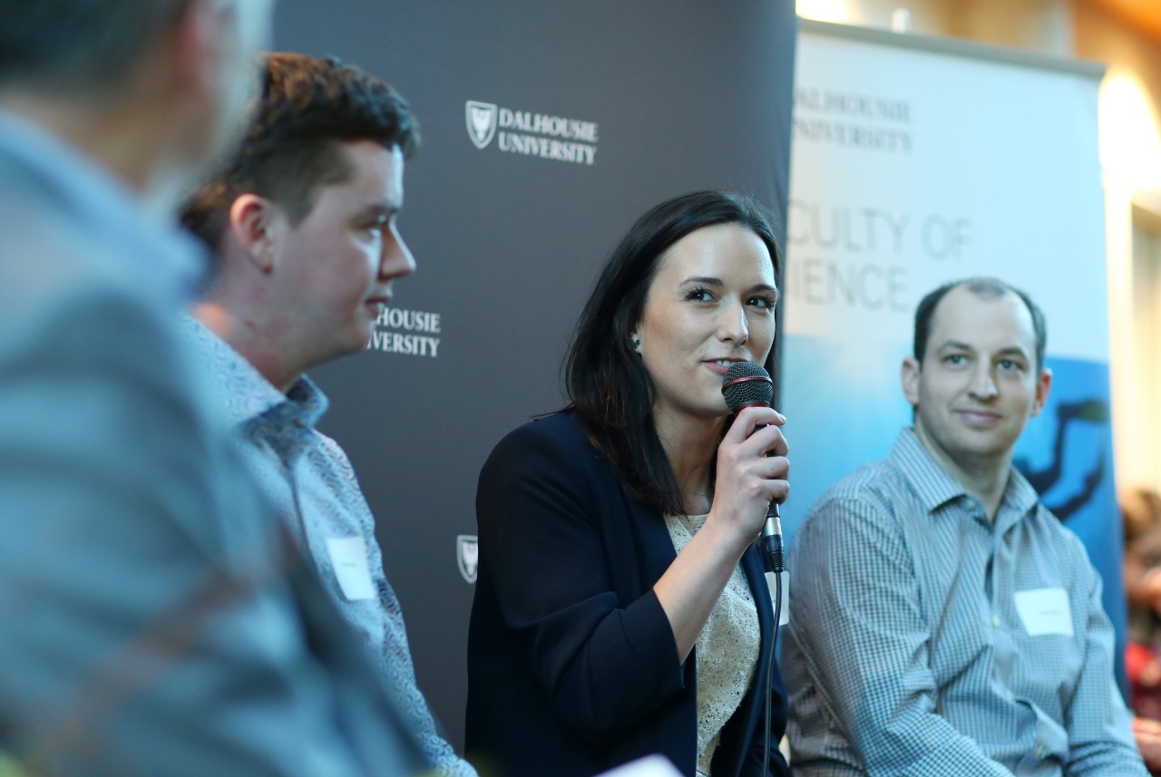 Alumni and faculty participate in a panel discussion while they attend the Dalhousie Science Deans Reception