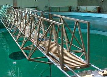 A walking bridge over a pool in the Aquatron