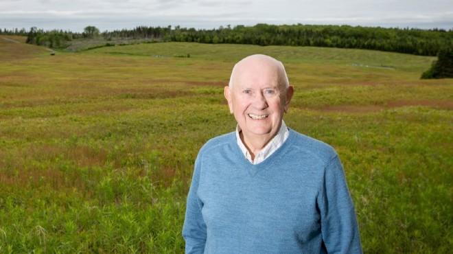A man wearing a blue sweater stands in a blueberry field