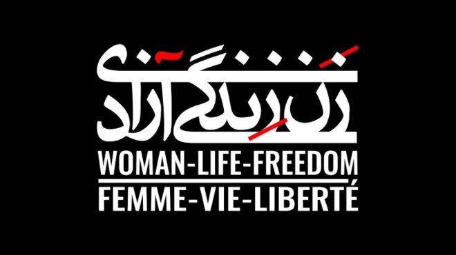 The words Woman-life-freedom and femme-vie-liberte in white text on a black background