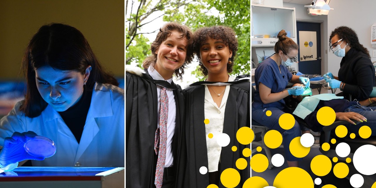 A woman examines a specimen in a lab; two graduates in gowns on convocation day; dental professionals care for a patient in a clinic.