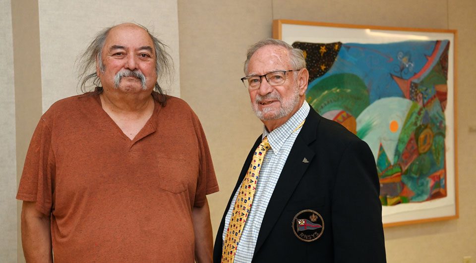 Alan Syliboy and Allan Silverman (LLB'64) celebrate the donation of eight paintings by the Mi'kmaw artist to the Dalhousie Art Gallery (photos: Daniel Abriel).
