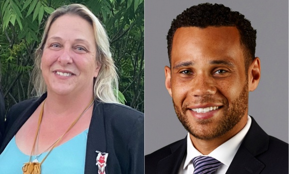 A headshot of a blonde woman wearing a black blazer and a headshot of a man wearing a black suit and white shirt
