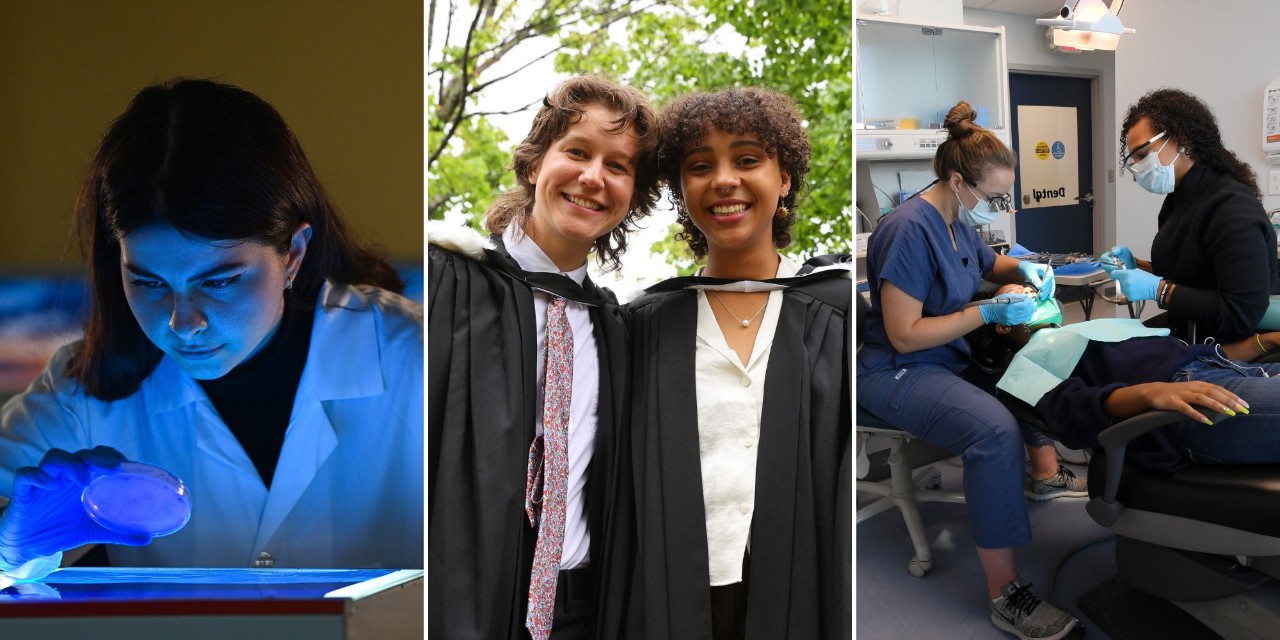 A woman examines a specimen in a lab; two graduates in gowns on convocation day; dental professionals care for a patient in a clinic.