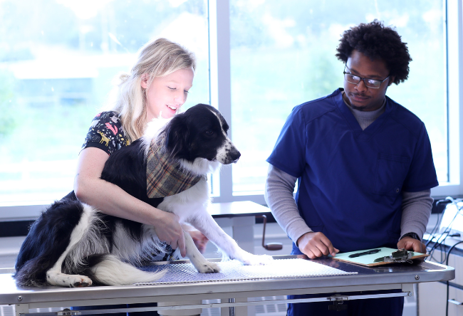 A student holds her arms around a dog on an exam table while another student refers to notes.