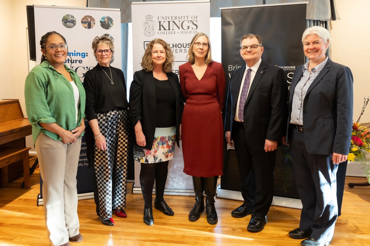 Presidents William Lahey and Kim Brooks standing with Lisa Murphy and Karen Spaulding of the J & W Murphy Foundation and Helen Angus of AMS Healthcare in the King’s President’s Lodge during the event.