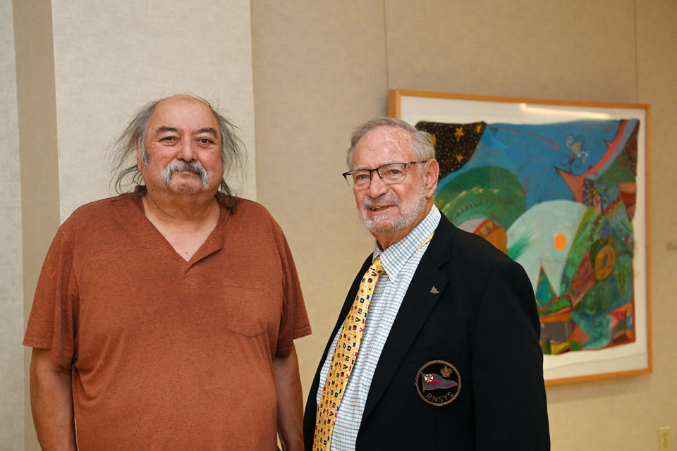 Alan Syliboy and Allan Silverman (LLB'64) celebrate the donation of eight paintings by the Mi'kmaw artist to the Dalhousie Art Gallery (photos: Daniel Abriel).