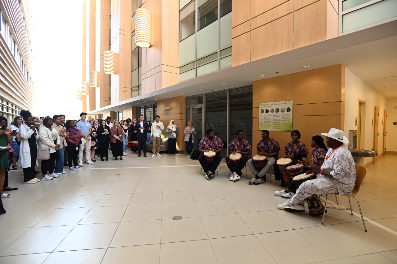 A crowd of people watch a performance by a group of 6 African drummers
