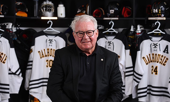 Dr. William (Bill) Stanish in the Dalhousie Tigers hockey locker room